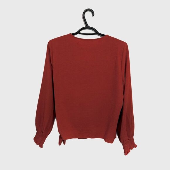 Madewell Smocked Sleeve Wrap Top Long Sleeve Rust Orange Size M - Picture 6 of 10